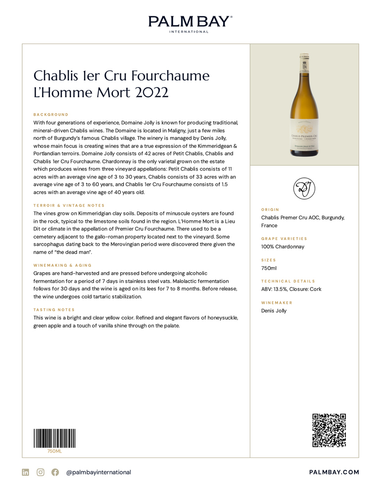 Domaine Jolly et Fils Chablis 1er Cru Fourchaume L’Homme Mort 2022 - Tech Sheet