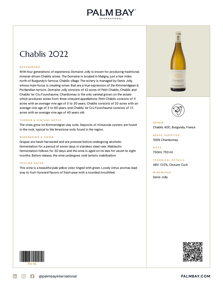 Domaine Jolly et Fils Chablis 2022 - Tech Sheet