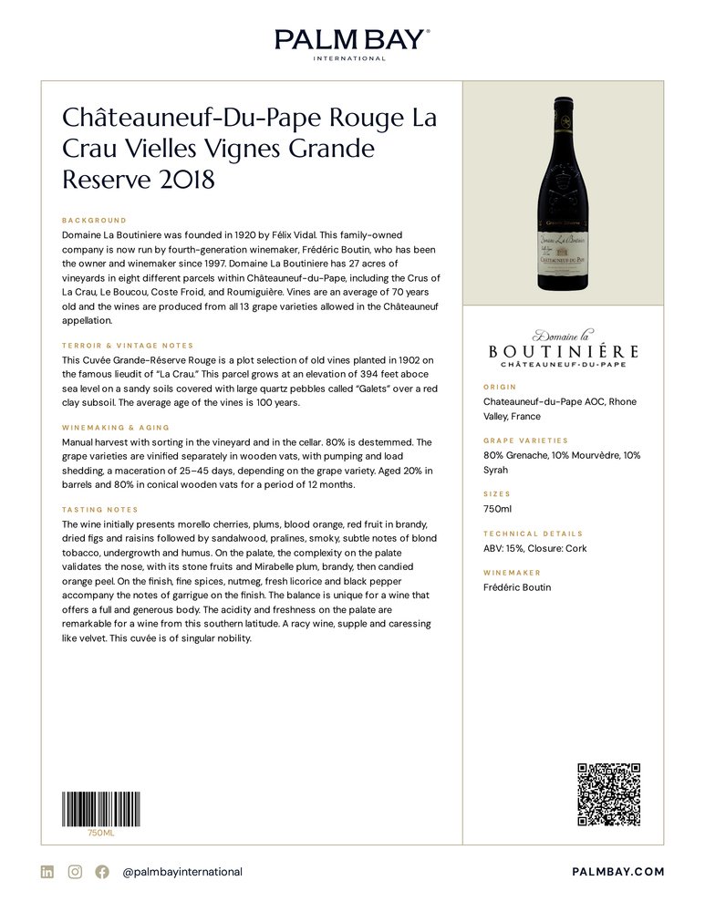Domaine La Boutinière Châteauneuf-Du-Pape Rouge La Crau Vielles Vignes Grande Reserve 2018 - Tech Sheet