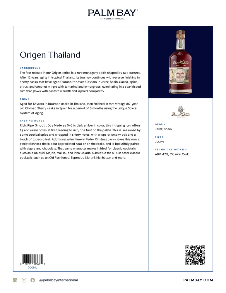Dos Maderas Rum Origen Thailand - Tech Sheet