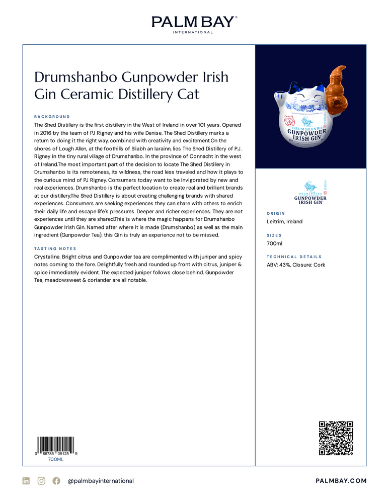 Drumshanbo Gunpowder Irish Gin Drumshanbo Gunpowder Irish Gin Ceramic Distillery Cat - Tech Sheet
