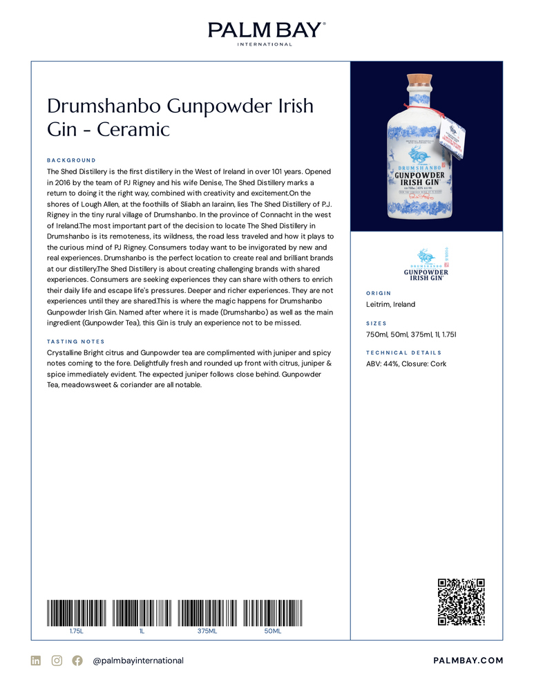 Drumshanbo Gunpowder Irish Gin Drumshanbo Gunpowder Irish Gin - Ceramic - Tech Sheet