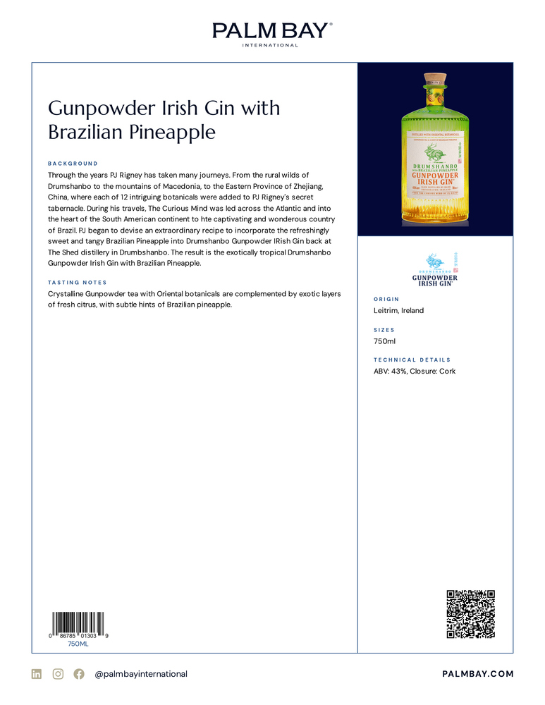 Drumshanbo Gunpowder Irish Gin Gunpowder Irish Gin with Brazilian Pineapple - Tech Sheet