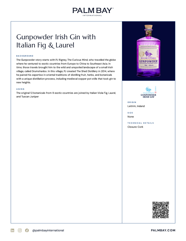 Drumshanbo Gunpowder Irish Gin Gunpowder Irish Gin with Italian Fig & Laurel - Tech Sheet