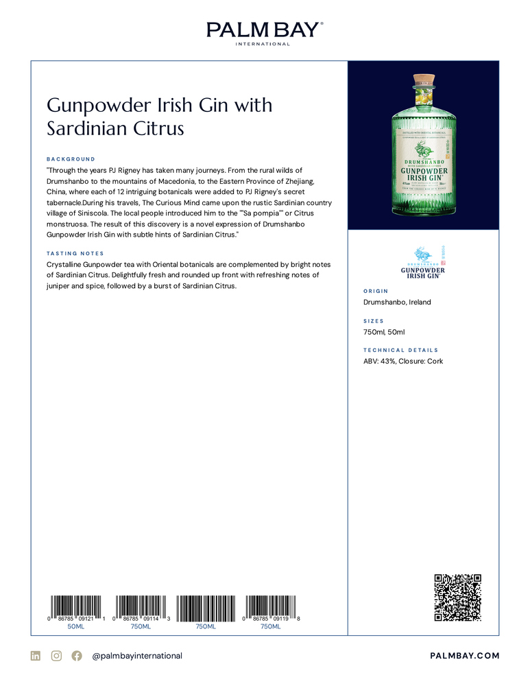 Drumshanbo Gunpowder Irish Gin Gunpowder Irish Gin with Sardinian Citrus - Tech Sheet