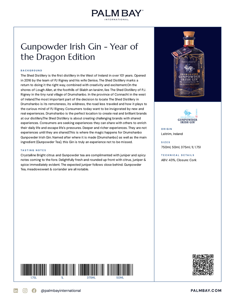 Drumshanbo Gunpowder Irish Gin Gunpowder Irish Gin - Year of the Dragon Edition - Tech Sheet