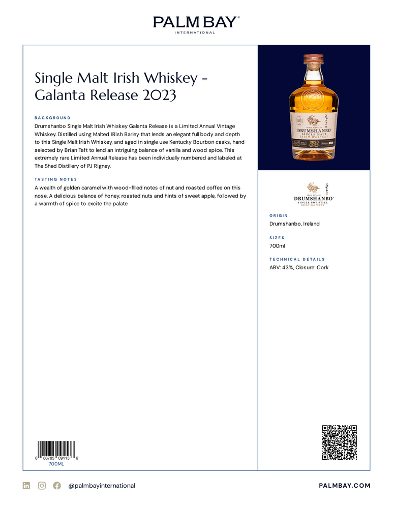Drumshanbo Irish Whiskey Single Malt Irish Whiskey - Galanta Release 2023 - Tech Sheet
