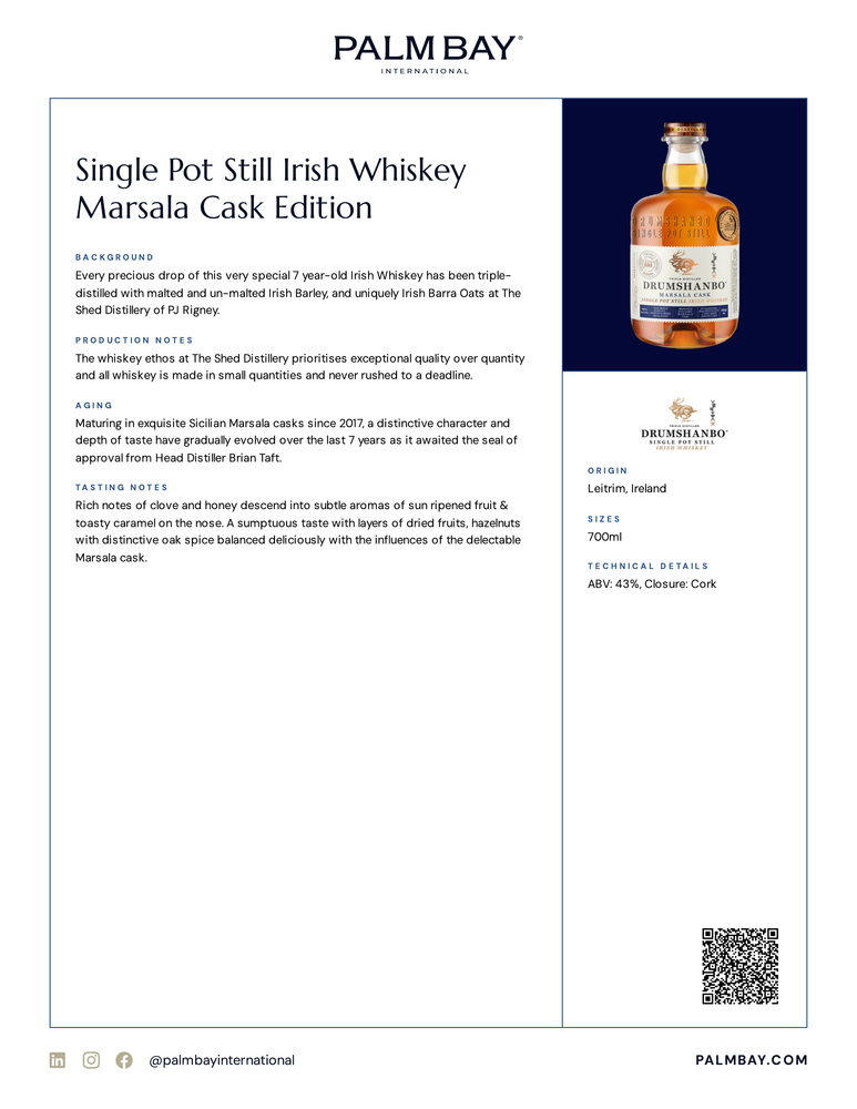 Drumshanbo Irish Whiskey Single Pot Still Irish Whiskey Marsala Cask Edition - Tech Sheet