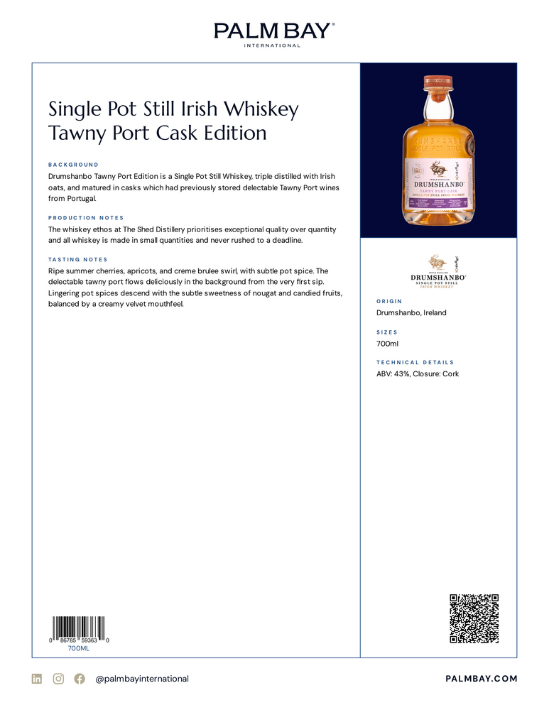 Drumshanbo Irish Whiskey Single Pot Still Irish Whiskey Tawny Port Cask Edition - Tech Sheet