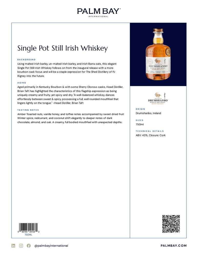 Drumshanbo Irish Whiskey Single Pot Still Irish Whiskey - Tech Sheet