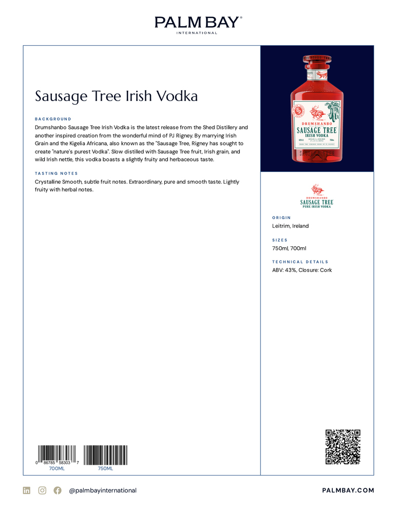 Drumshanbo Sausage Tree Pure Irish Vodka Sausage Tree Irish Vodka - Tech Sheet