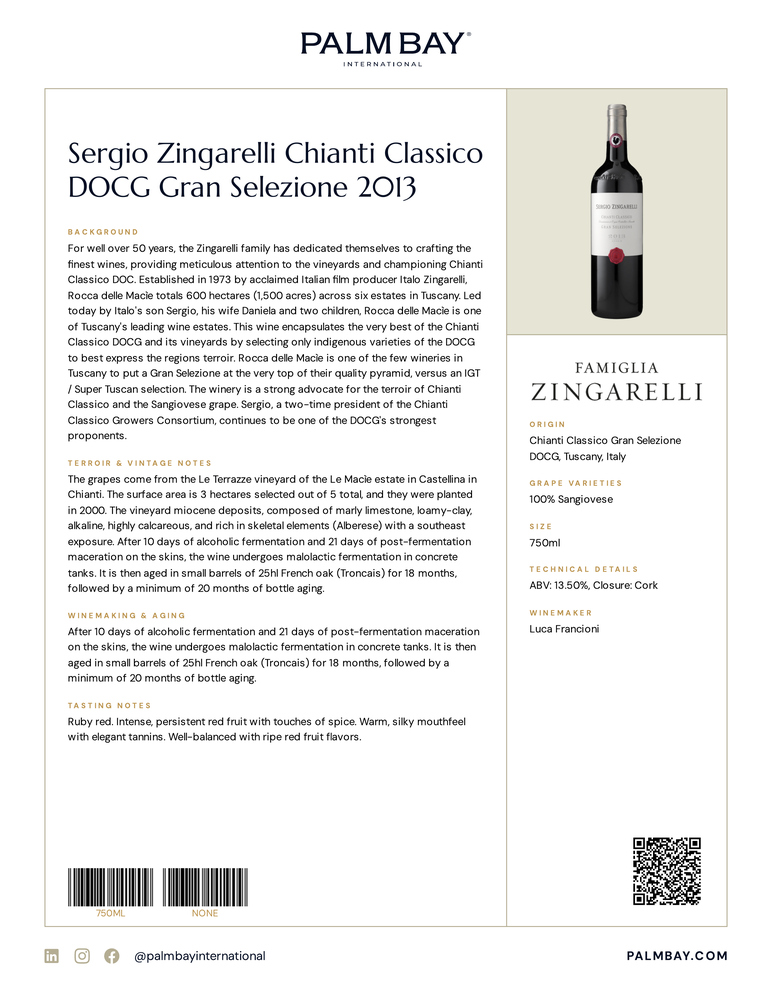 Famiglia Zingarelli Sergio Zingarelli Chianti Classico DOCG Gran Selezione 2013 - Tech Sheet