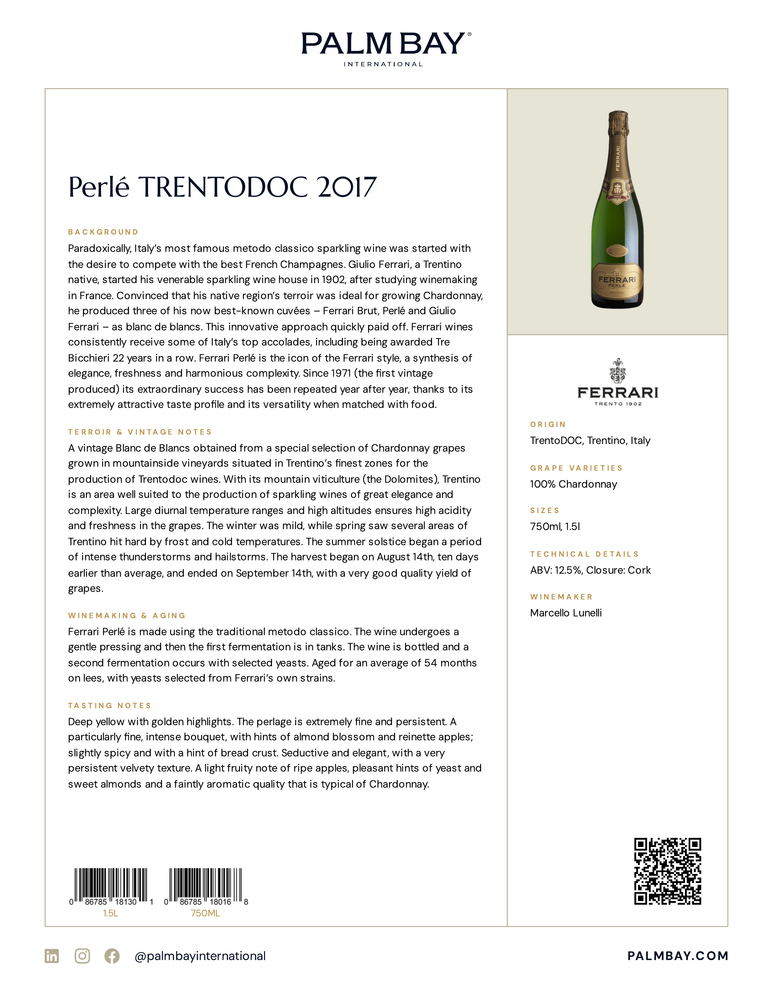 Ferrari Trento Perlé TRENTODOC 2017 - Tech Sheet