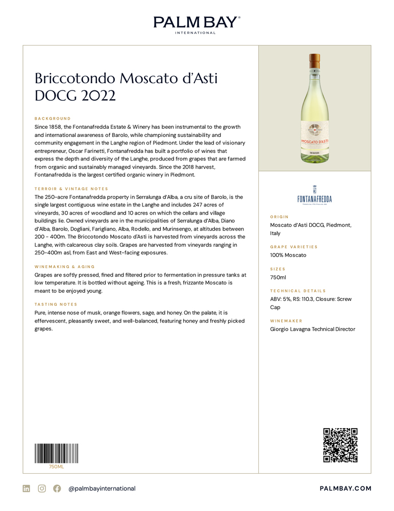 Fontanafredda Briccotondo Moscato d’Asti DOCG 2022 - Tech Sheet