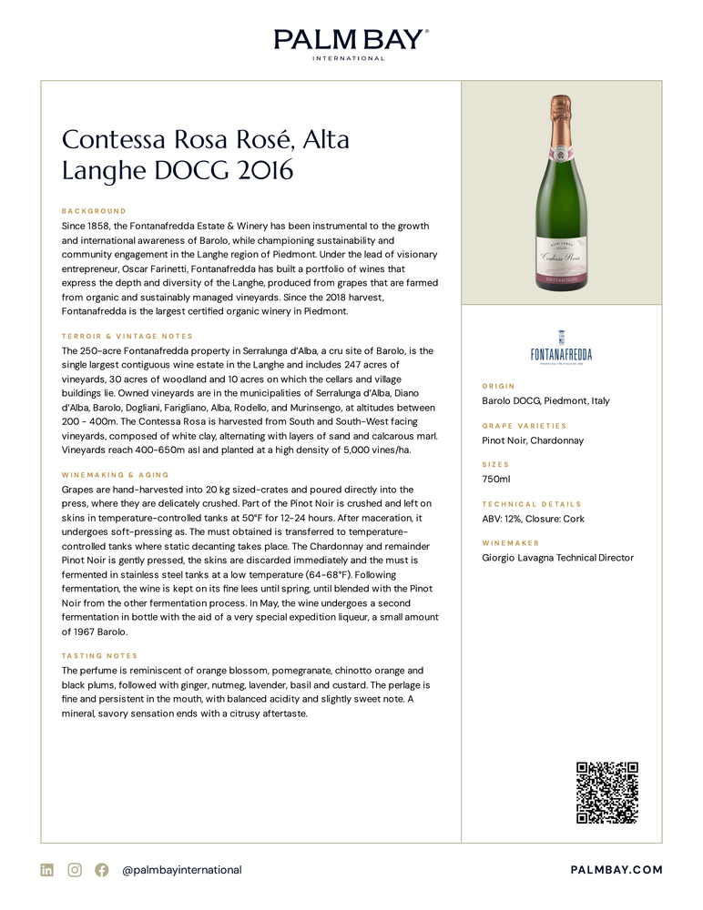 Fontanafredda Contessa Rosa Rosé, Alta Langhe DOCG 2016 - Tech Sheet