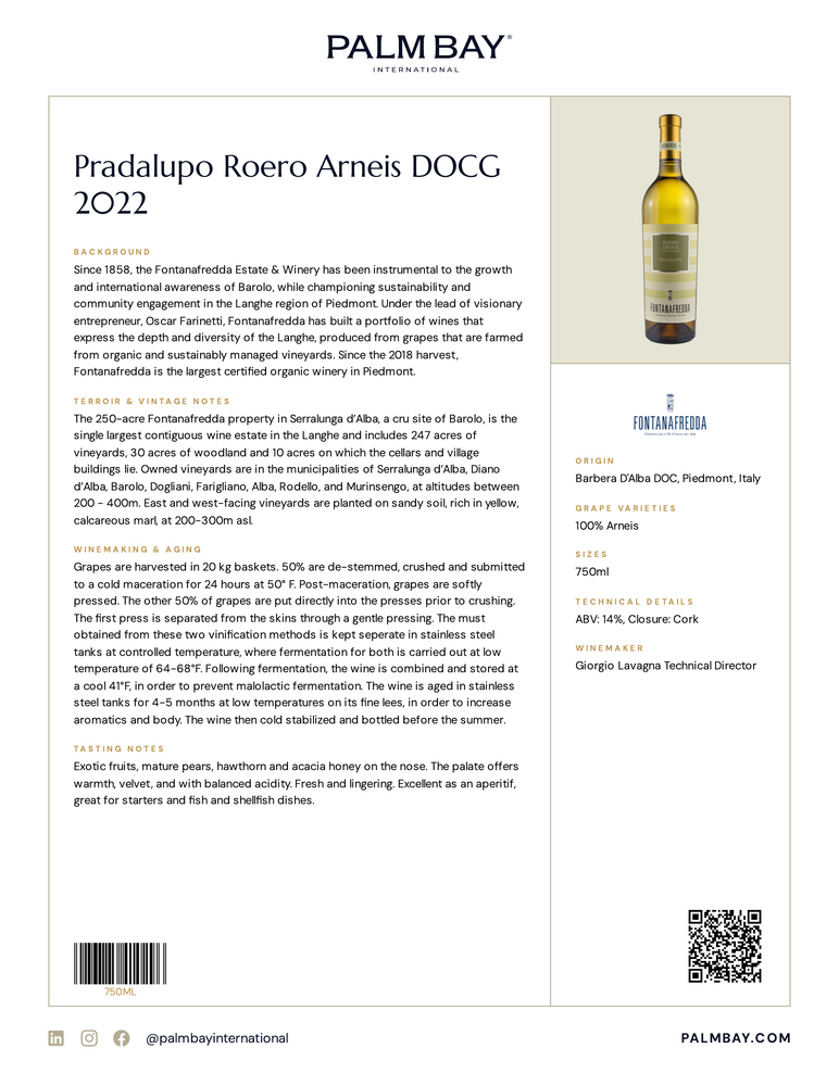 Fontanafredda Pradalupo Roero Arneis DOCG 2022 - Tech Sheet