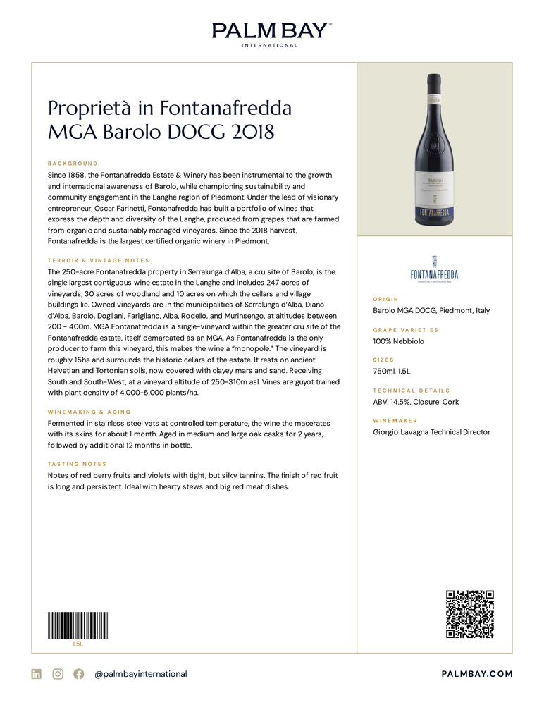 Fontanafredda Proprietà in Fontanafredda MGA Barolo DOCG 2018 - Tech Sheet