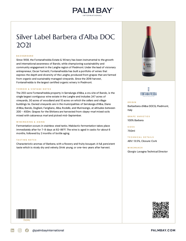 Fontanafredda Silver Label Barbera d’Alba DOC 2021 - Tech Sheet