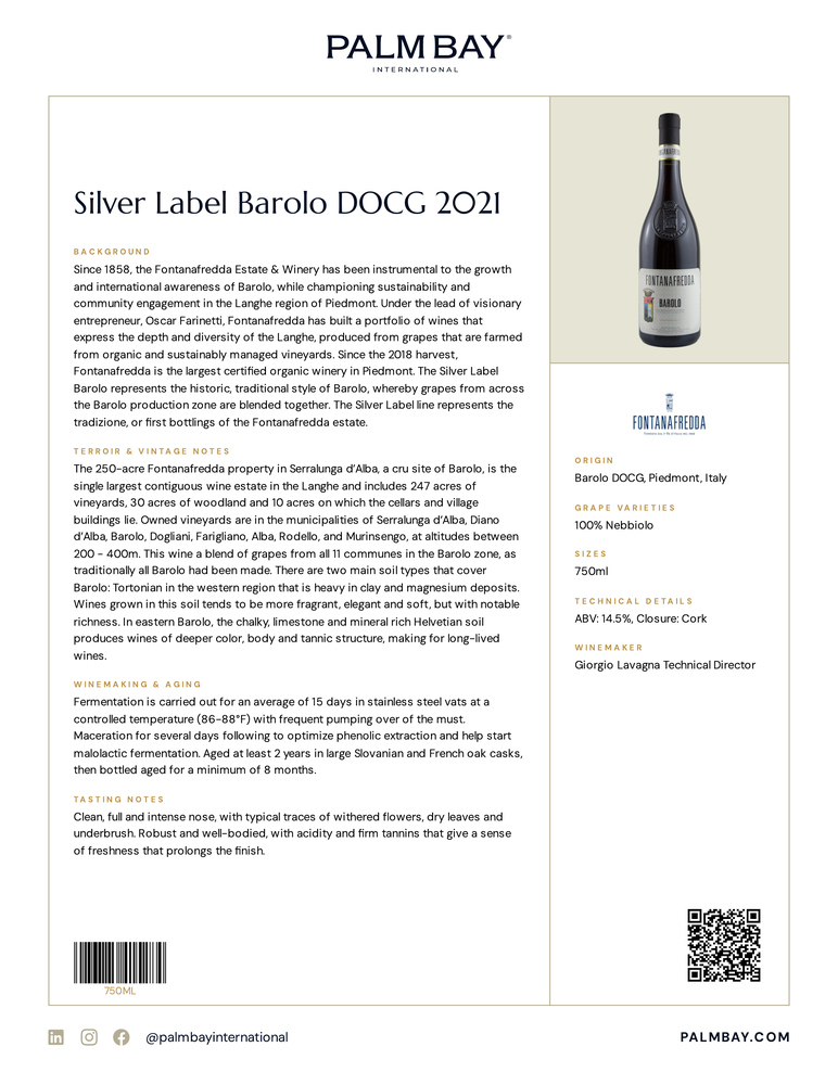 Fontanafredda Silver Label Barolo DOCG 2021 - Tech Sheet