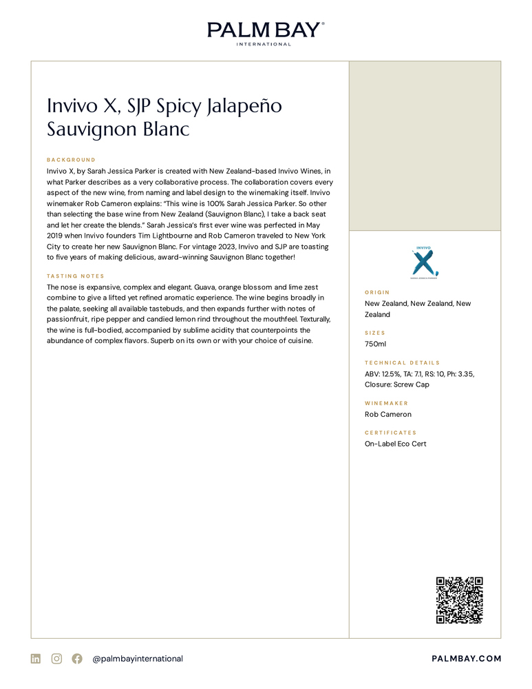 Invivo X, SJP Invivo X, SJP Spicy Jalapeño Sauvignon Blanc - Tech Sheet