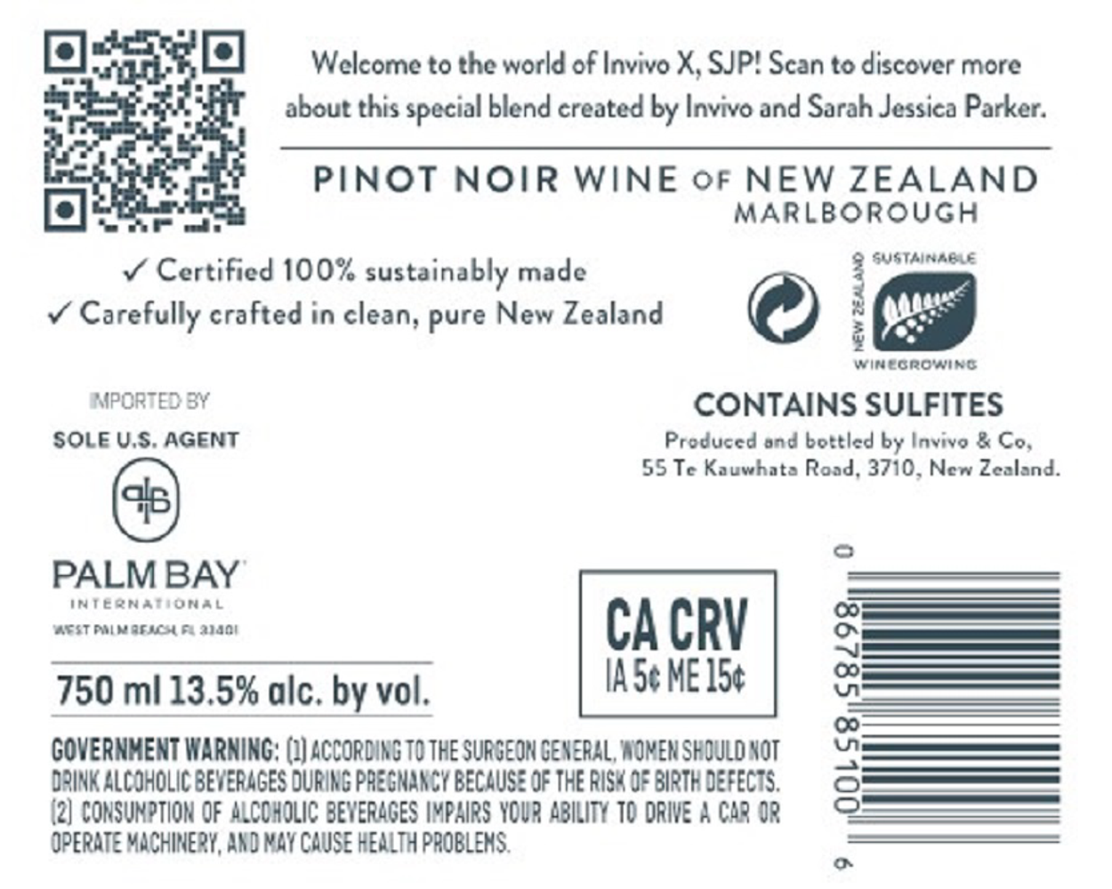 Invivo X, SJP Pinot Noir 2024 - Back Label