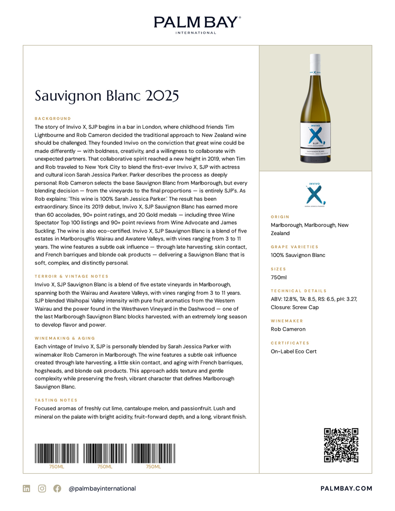 Invivo X, SJP Sauvignon Blanc 2025 - Tech Sheet