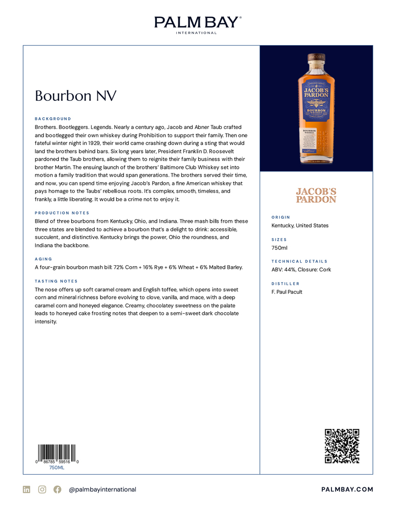 Jacob's Pardon Bourbon NV - Tech Sheet