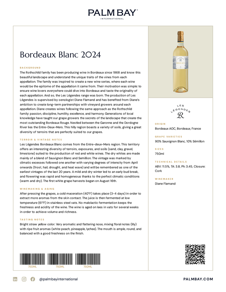 Les Légendes Bordeaux Blanc 2024 - Tech Sheet