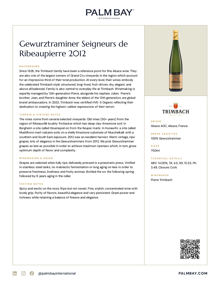 Maison Trimbach Gewurztraminer Seigneurs de Ribeaupierre 2012 - Tech Sheet