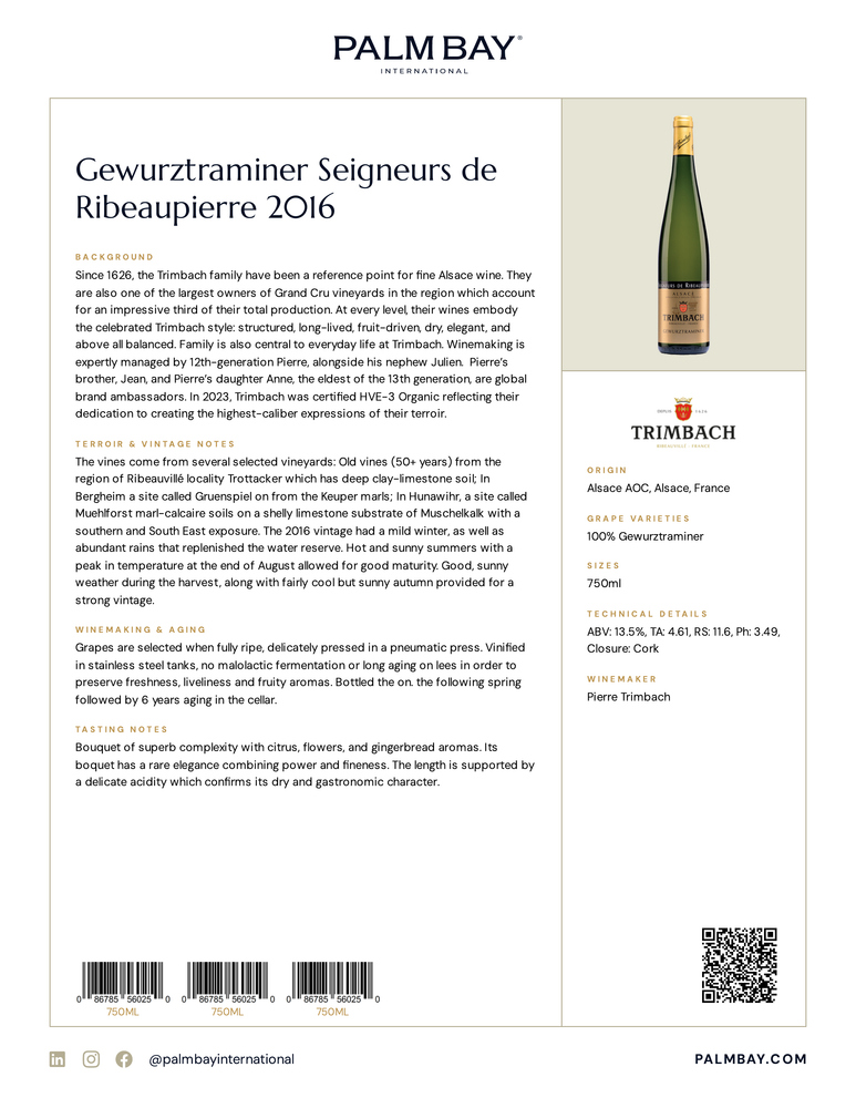 Maison Trimbach Gewurztraminer Seigneurs de Ribeaupierre 2016 - Tech Sheet