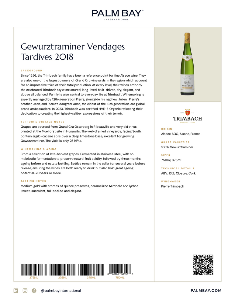 Maison Trimbach Gewurztraminer Vendages Tardives 2018 - Tech Sheet