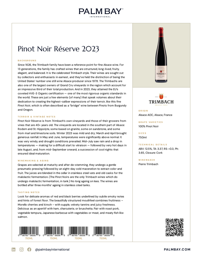 Maison Trimbach Pinot Noir Réserve 2023 - Tech Sheet
