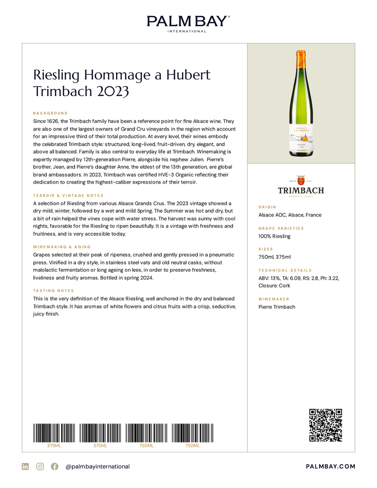 Maison Trimbach Riesling Hommage a Hubert Trimbach 2023 - Tech Sheet