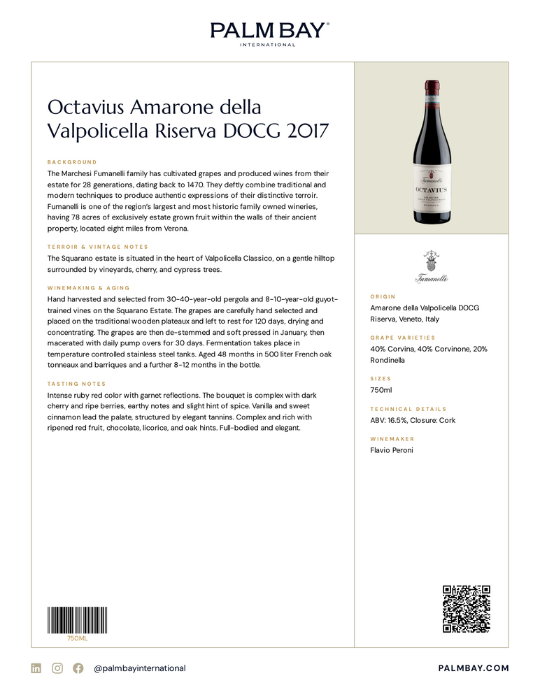 Marchesi Fumanelli Octavius Amarone della Valpolicella Riserva DOCG 2017 - Tech Sheet