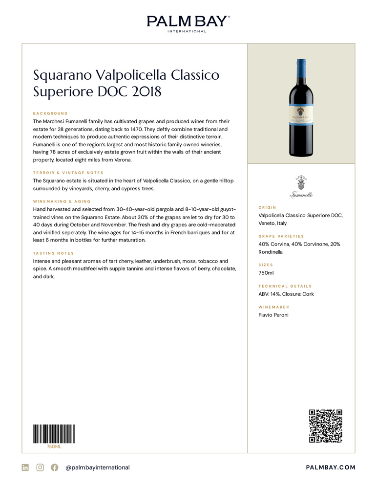 Marchesi Fumanelli Squarano Valpolicella Classico Superiore DOC 2018 - Tech Sheet
