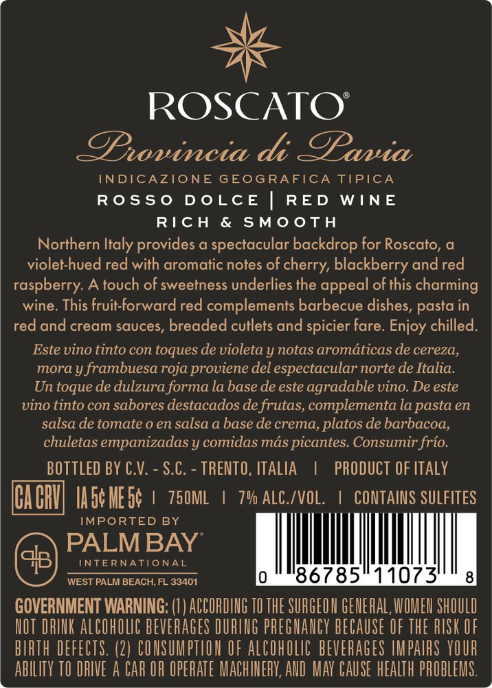 Roscato Rosso Dolce Red Wine 750 ML Back Label