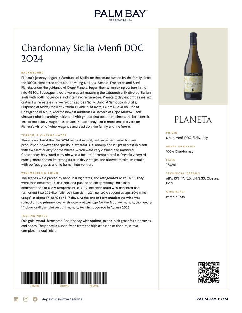 Planeta Chardonnay Sicilia Menfi DOC 2024 - Tech Sheet