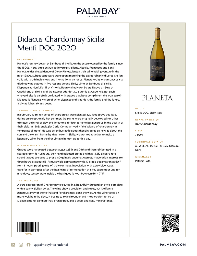 Planeta Didacus Chardonnay Sicilia Menfi DOC 2020 - Tech Sheet
