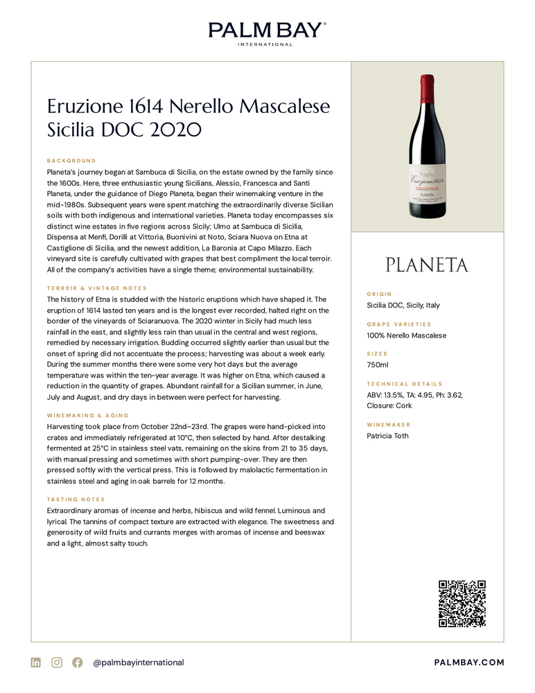Planeta Eruzione 1614 Nerello Mascalese Sicilia DOC 2020 - Tech Sheet