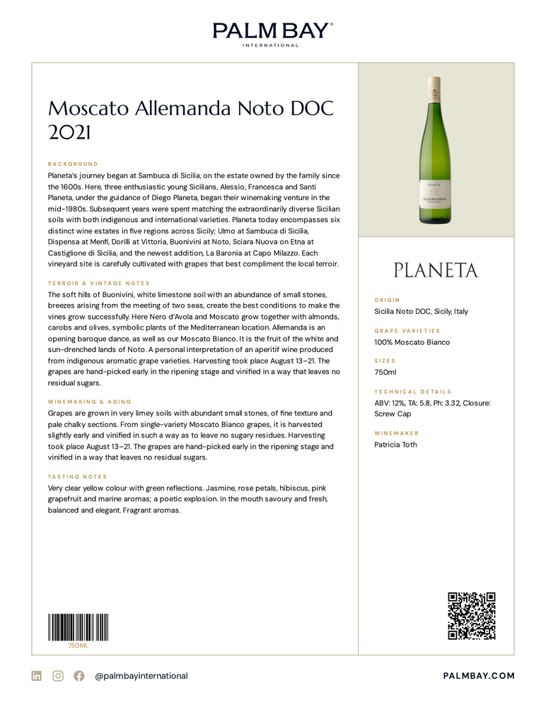Planeta Moscato Allemanda Noto DOC 2021 - Tech Sheet