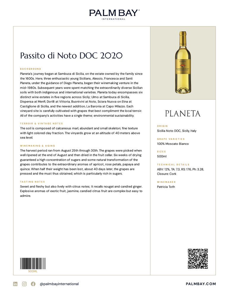 Planeta Passito di Noto DOC 2020 - Tech Sheet