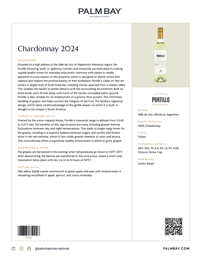 Portillo Wines Chardonnay 2024 - Tech Sheet