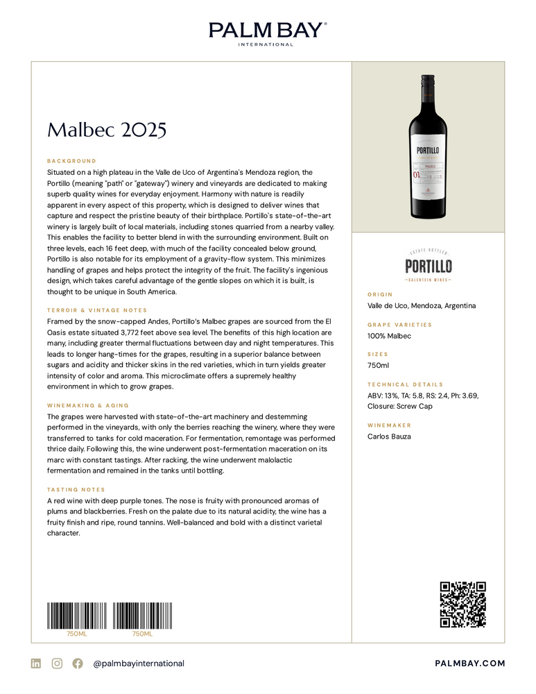 Portillo Wines Malbec 2025 - Tech Sheet