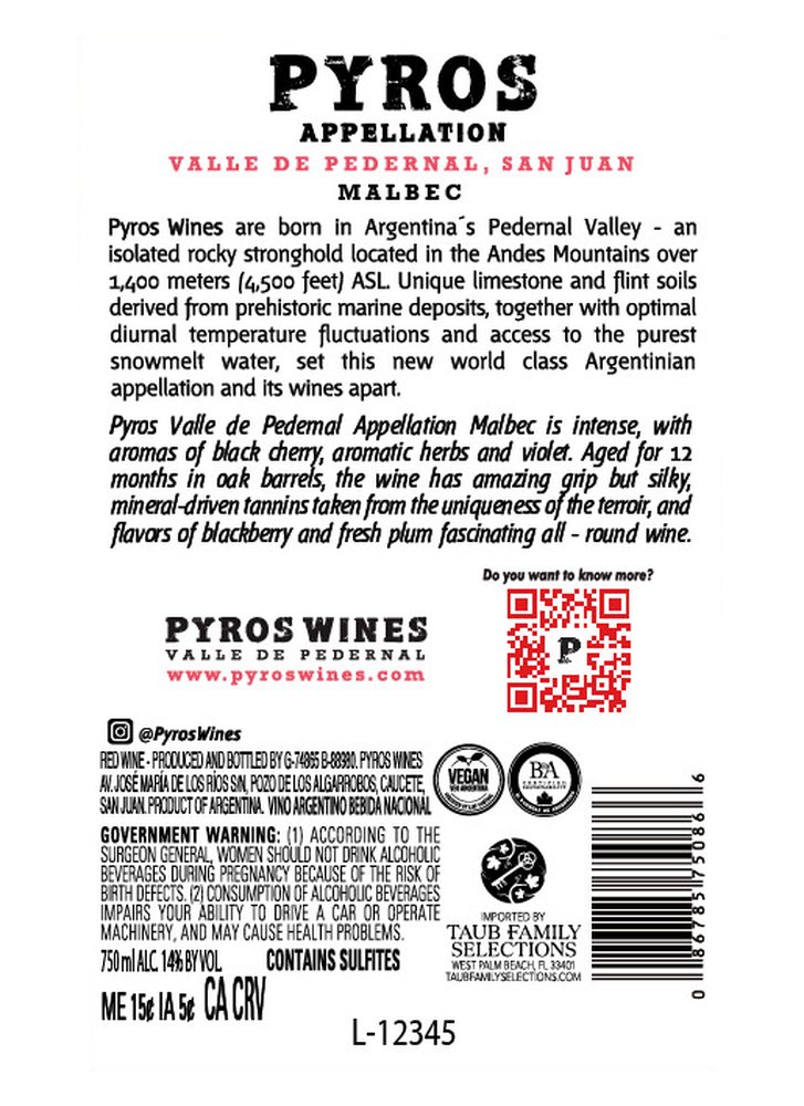 Pyros Appellation Malbec 2020 - Back Label