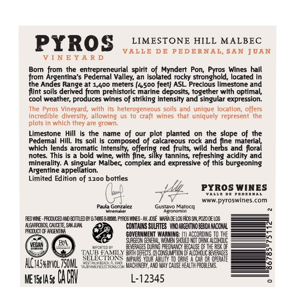 Pyros Limestone Hill Malbec 2018 - Back Label