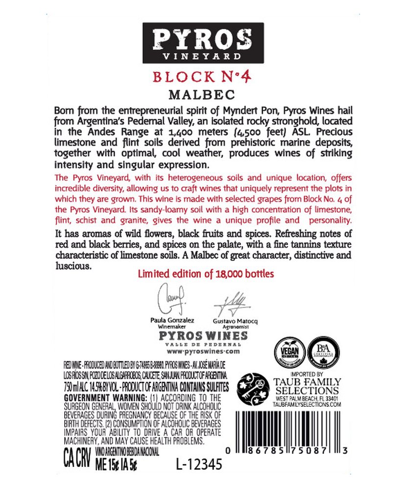 Pyros Single Block 4 Malbec 2014 - Back Label