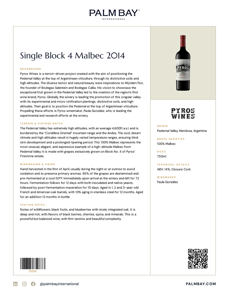 Pyros Single Block 4 Malbec 2014 - Tech Sheet