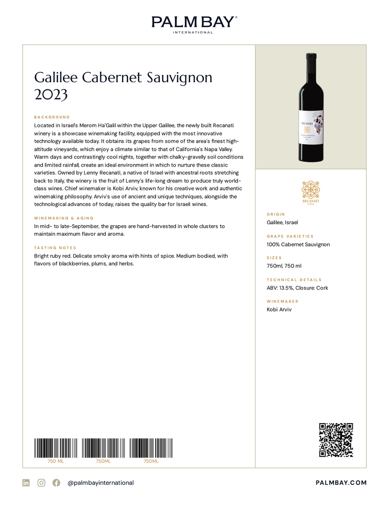 Recanati Galilee Cabernet Sauvignon 2021 - Tech Sheet