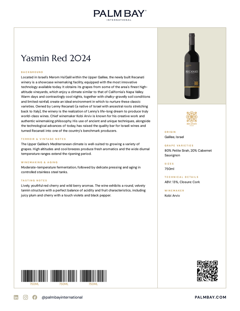 Recanati Yasmin Red 2024 - Tech Sheet