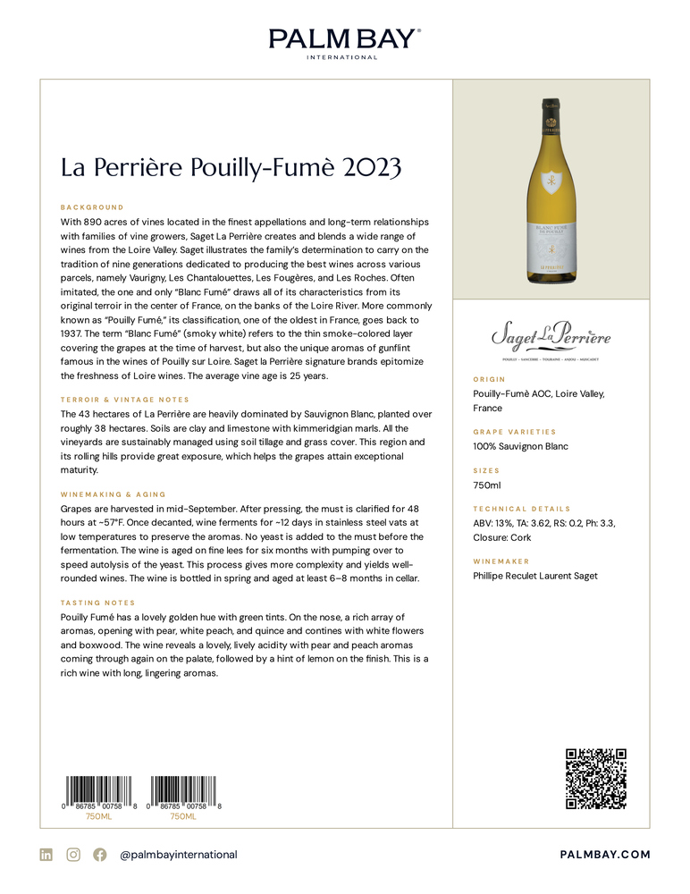 Saget La Perrière La Perrière Pouilly-Fumè 2023 - Tech Sheet